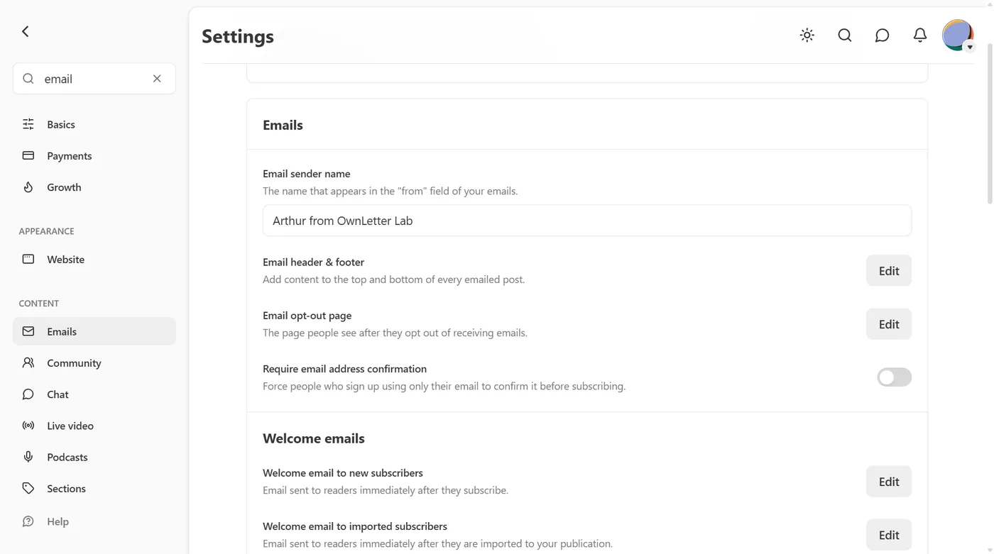 Substack email settings on our own publication, June 2026: two welcome emails, no Automations tab in the navigation