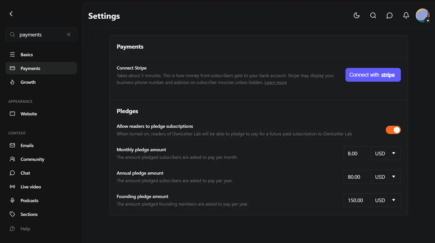 Substack payments settings on our own publication, June 2026: Stripe pending, pledges pre-enabled, no fee shown anywhere