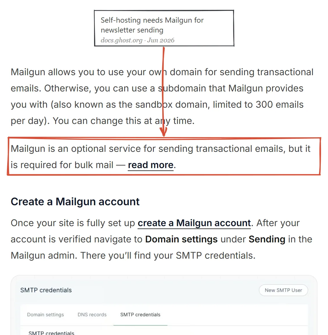 Ghost self-hosting configuration docs June 2026, Mailgun required for bulk mail highlighted