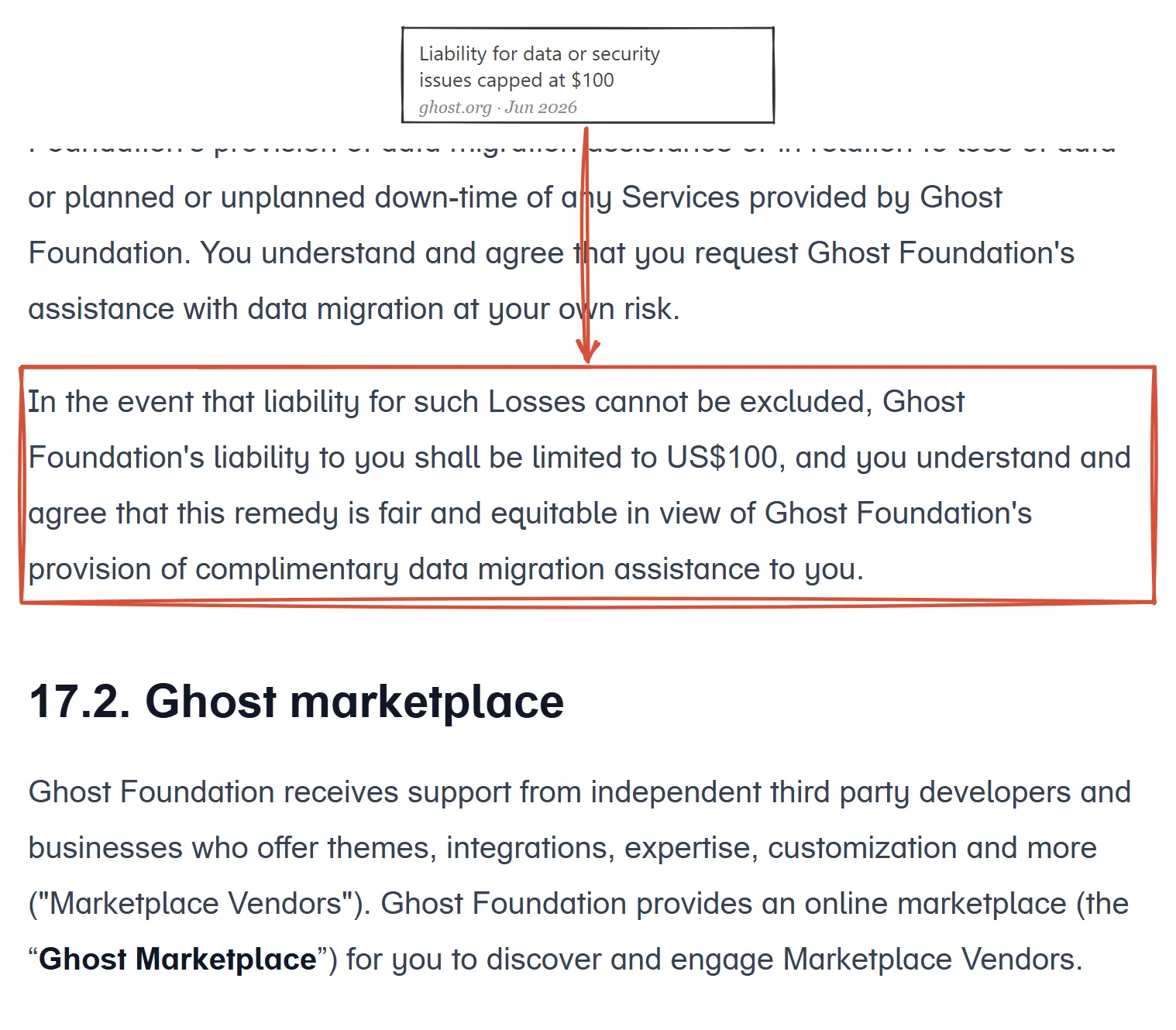 Ghost terms of service June 2026, liability cap clause highlighted: liability limited to US$100